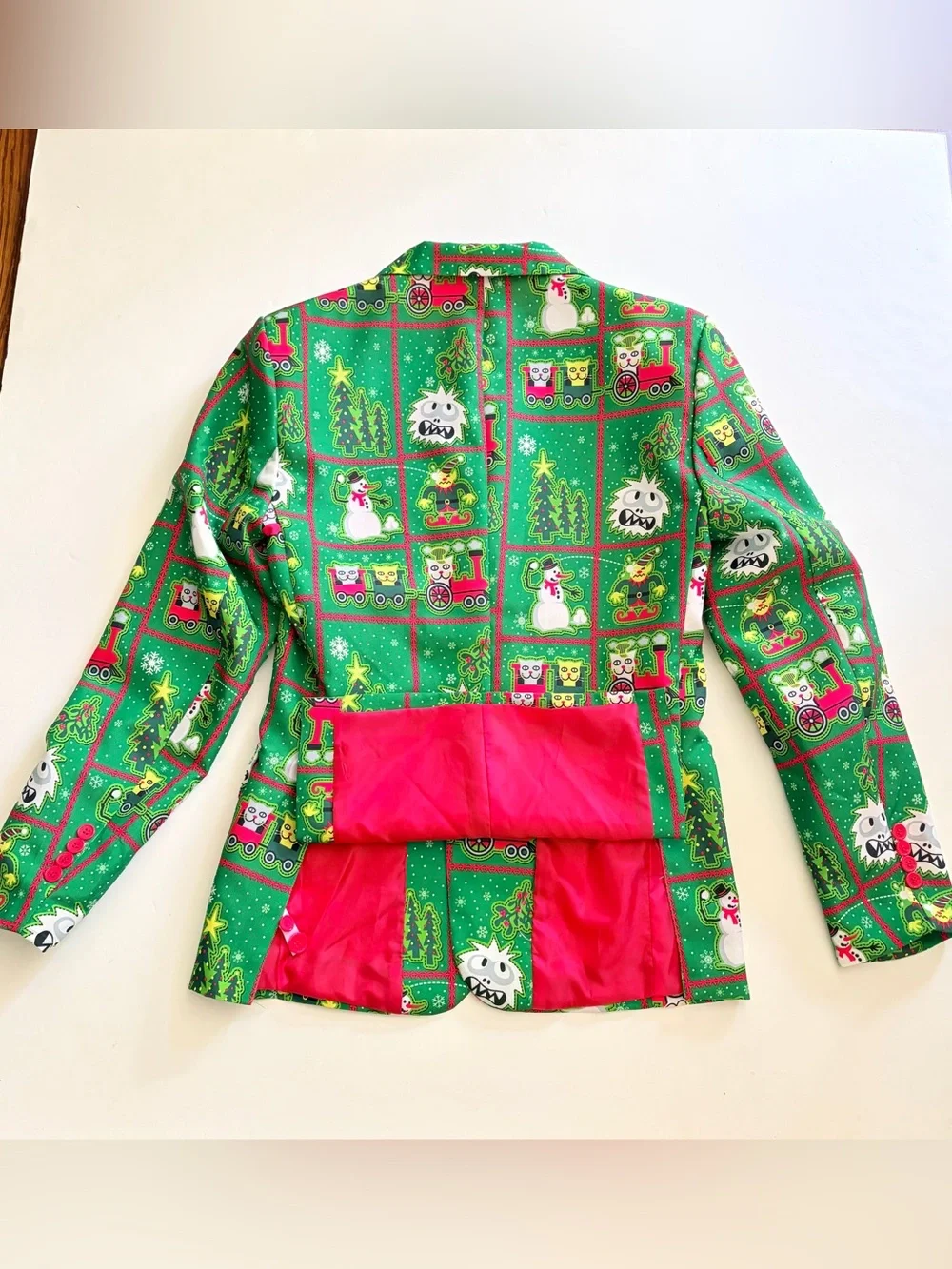 Ugly Christmas Green Blazer Jacket Snowman Yeti Elves Cats Holiday Time SZ S